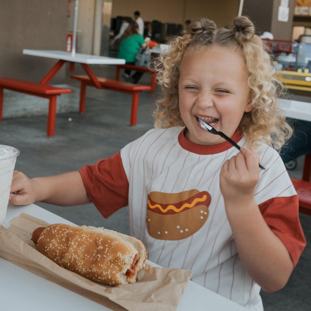 Kids Hot Dog Graphic T-Shirt in White with Pinstripe Detail