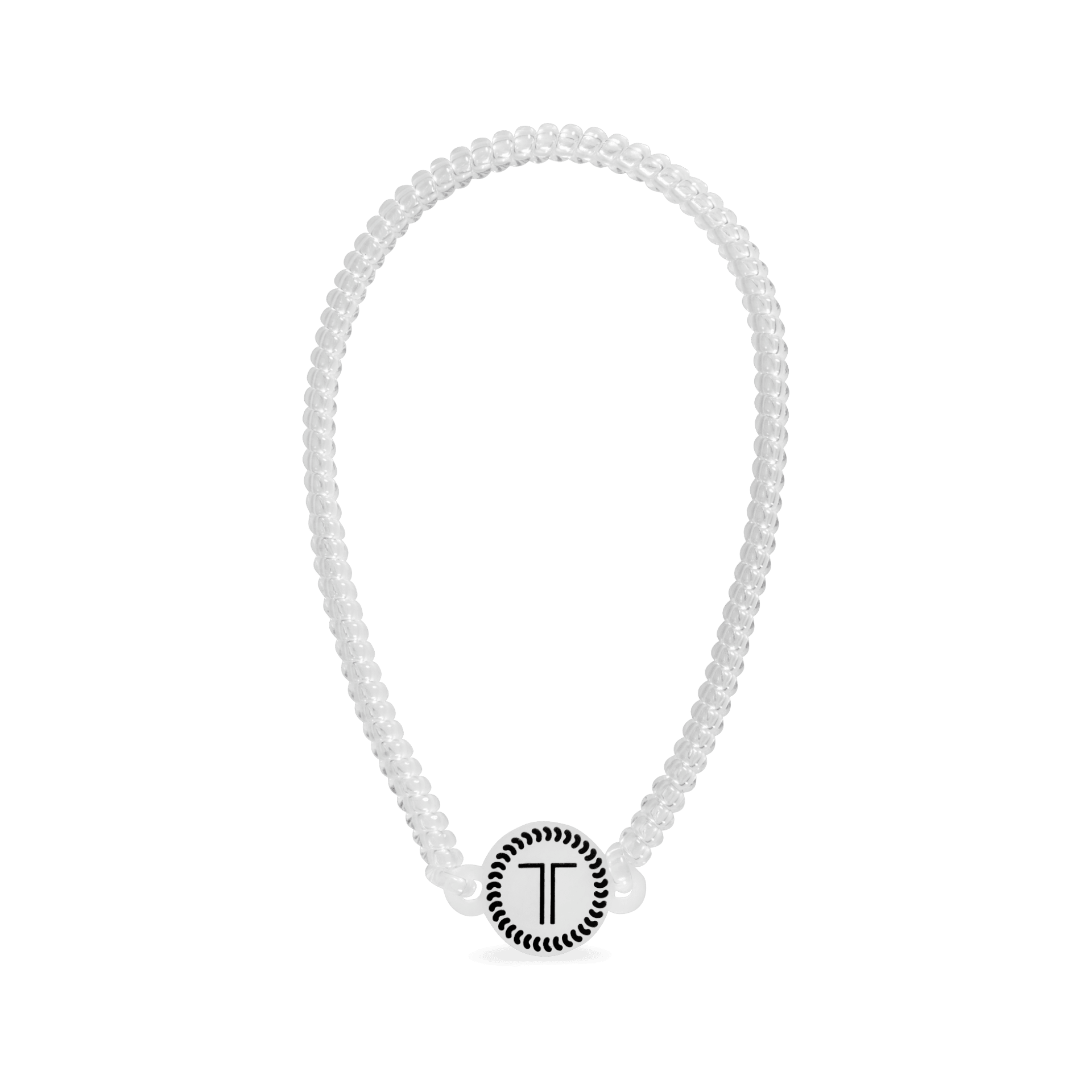 Crystal Clear spiral headband in transparent plastic with a white branded disc on a neutral background.