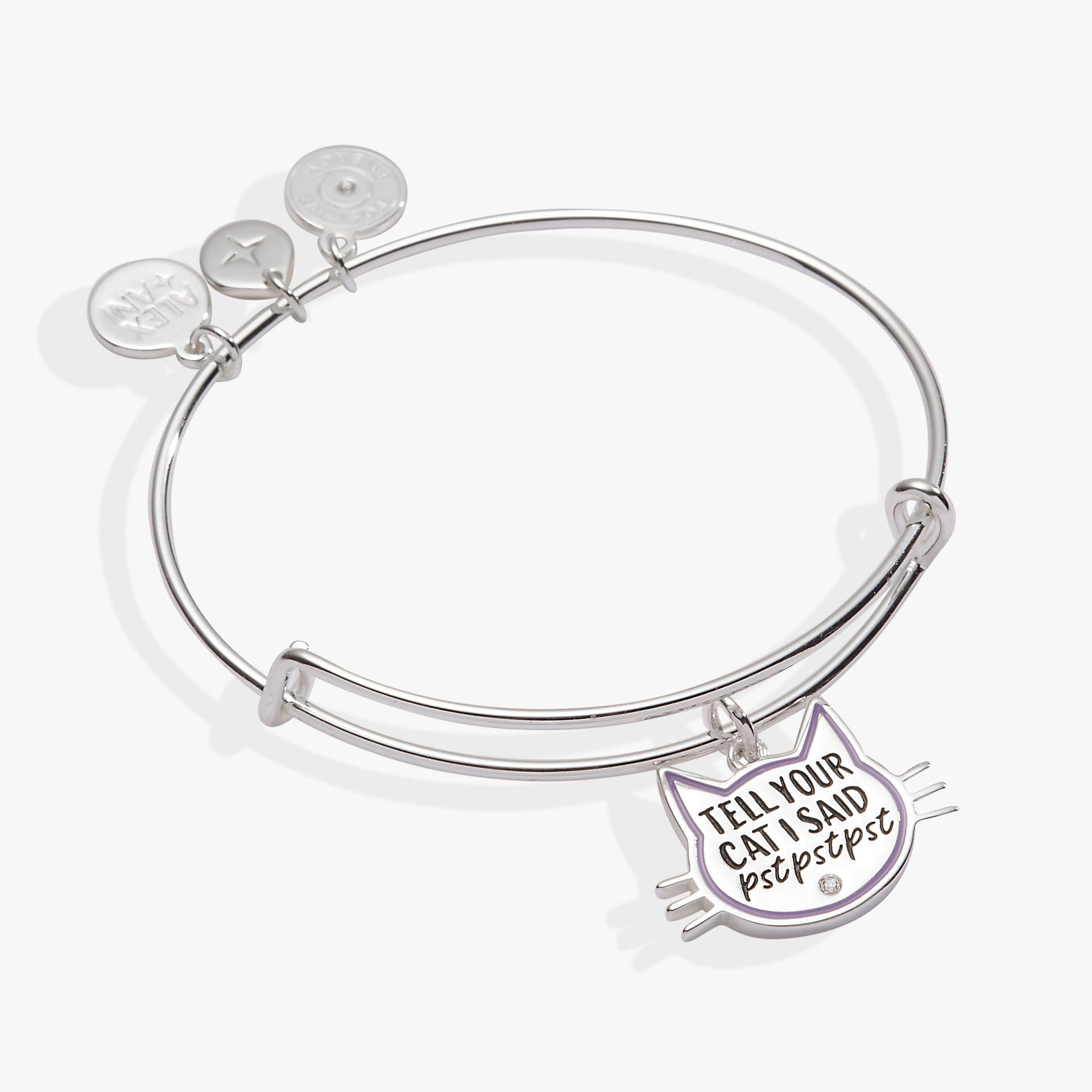 Silver-tone expandable wire bangle with a cat face silhouette charm featuring purple and black details.