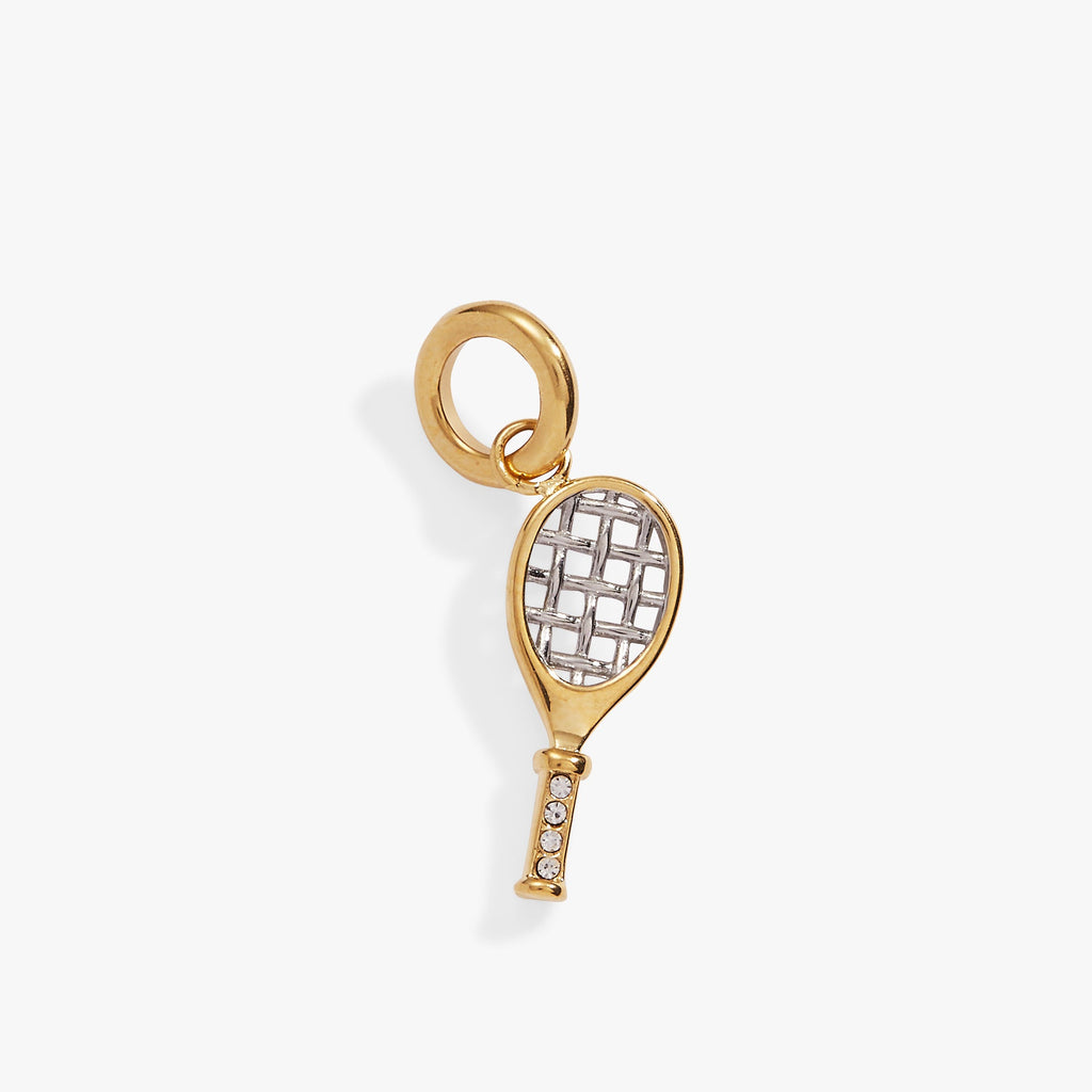 Bicolor gold and silver tennis racket charm with a round crystal accent, suitable for charm bracelets.