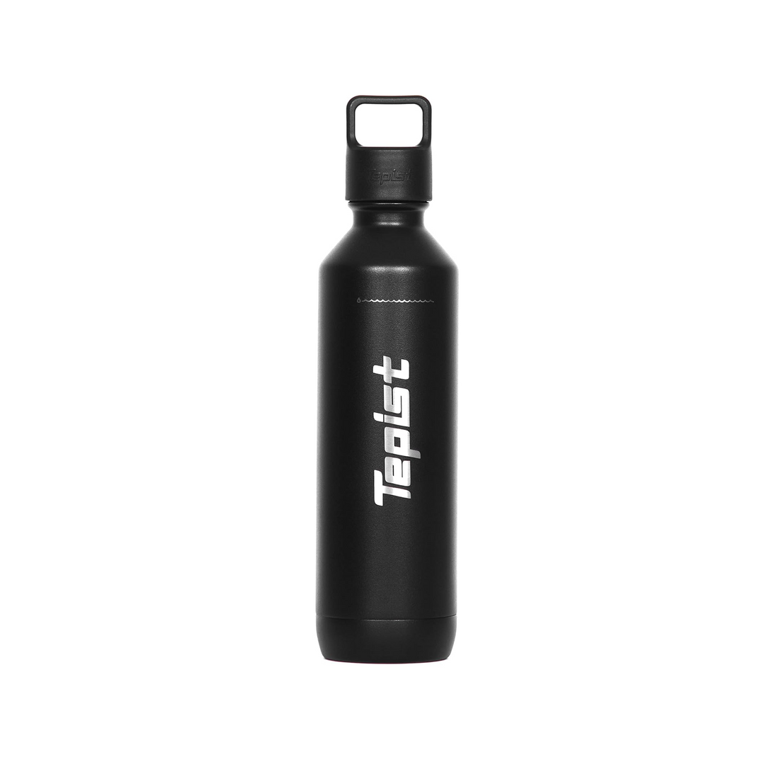 Tepist stainless steel water bottle in black and light blue, shown with dimensions indicating 11.5 inch height and 2.75 inch diameter.