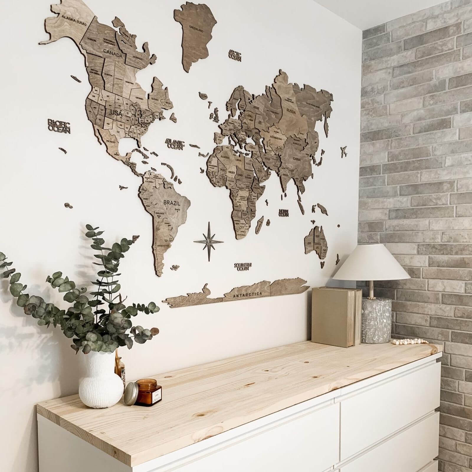 World Map Wall Art Set with Flag Push Pins in Brown Tan Beige