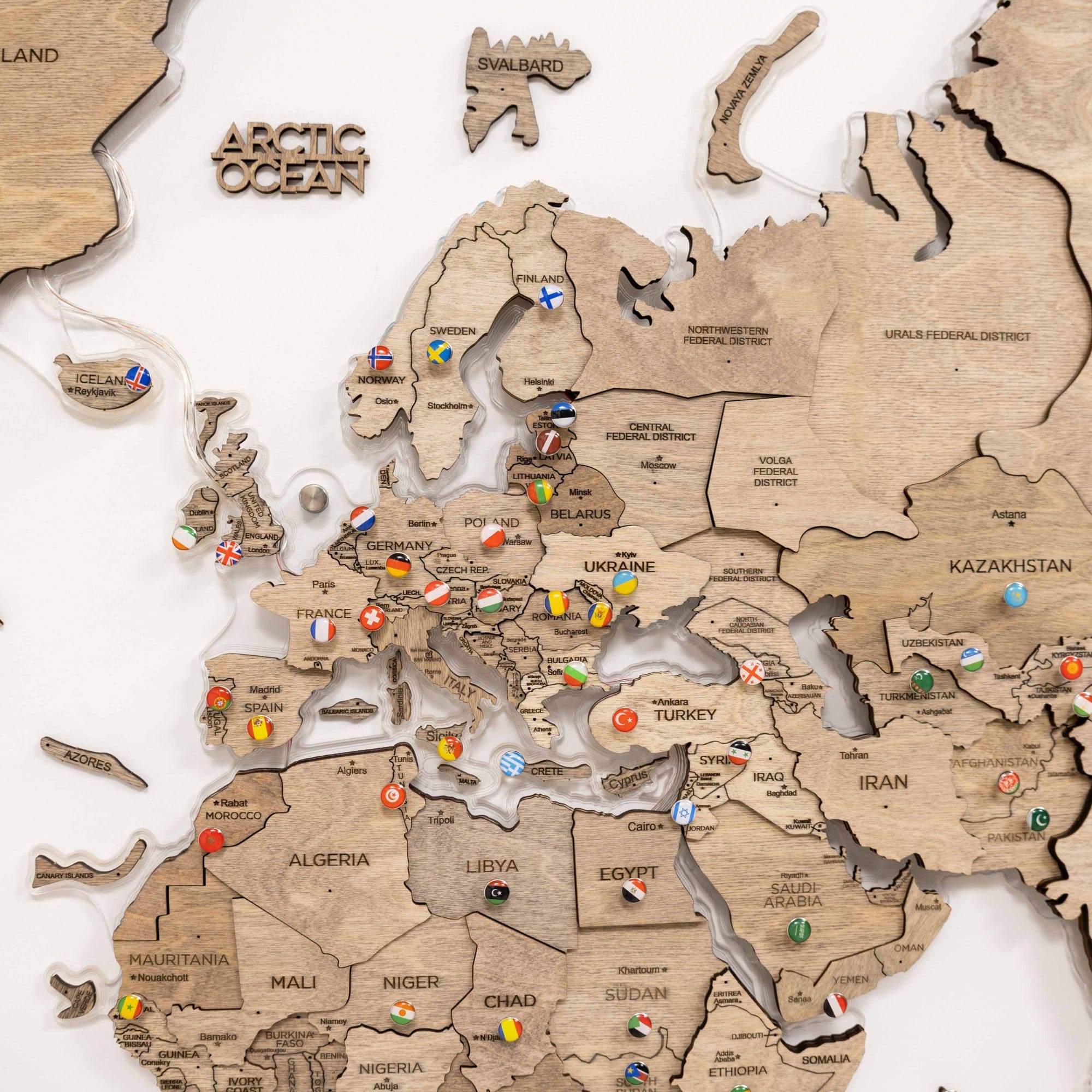3D LED Wooden World Map 2.0 Terra Floating Wall Art Brown