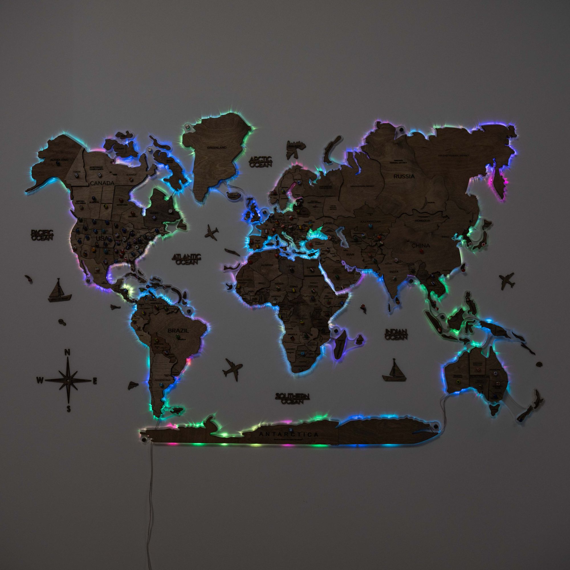 3D LED Wooden World Map 2.0 Terra Floating Wall Art Brown