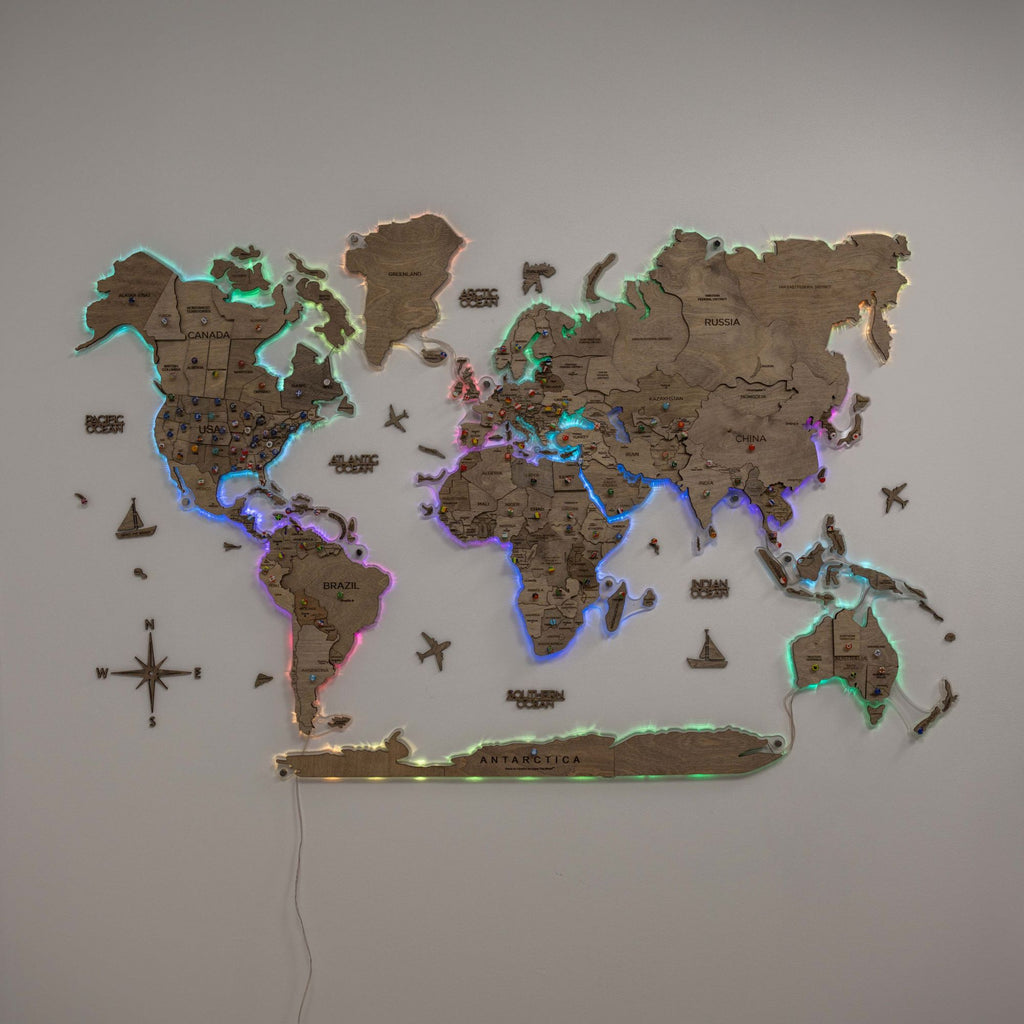 3D LED Wooden World Map 2.0 Terra Floating Wall Art Brown