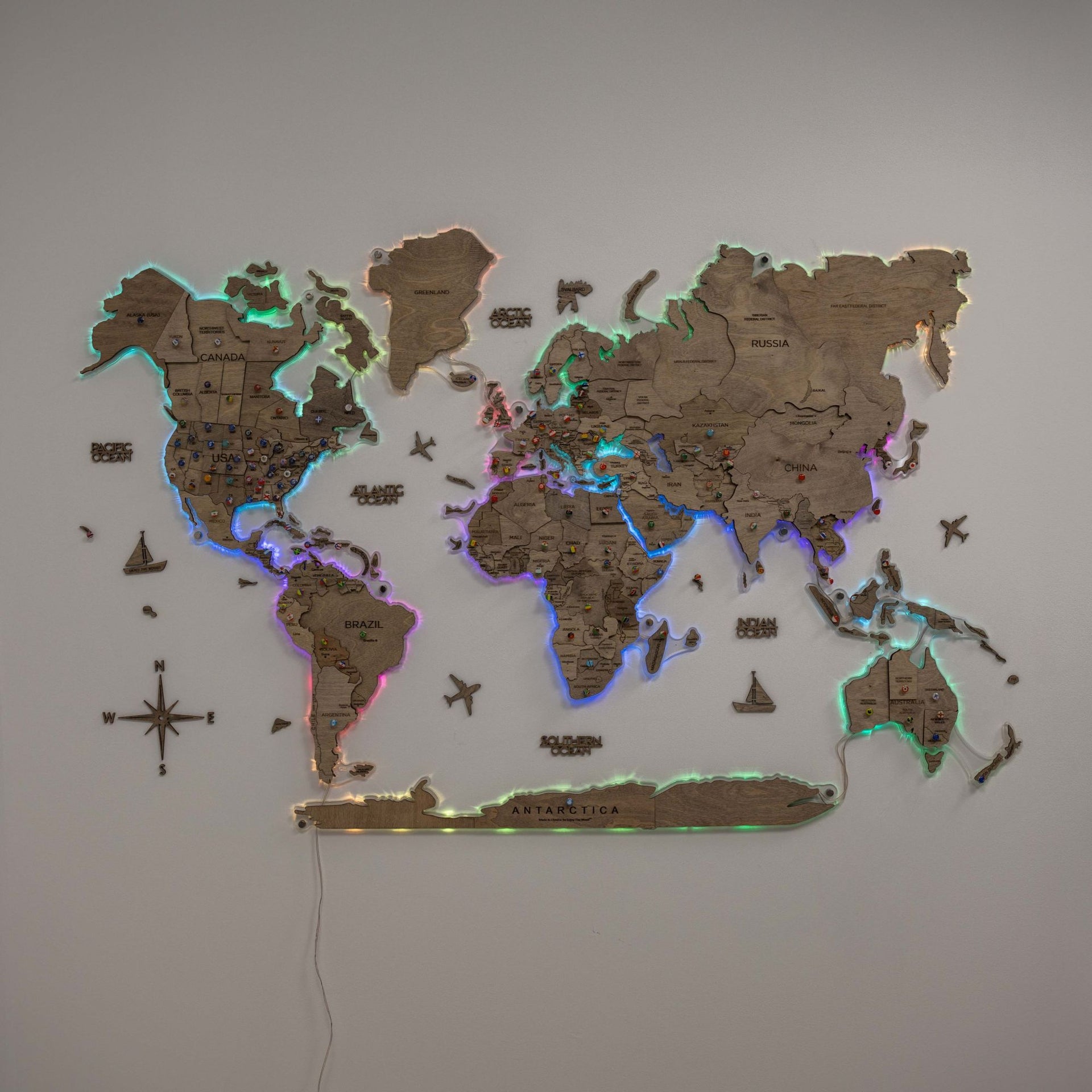 3D LED Wooden World Map 2.0 Terra Floating Wall Art Brown