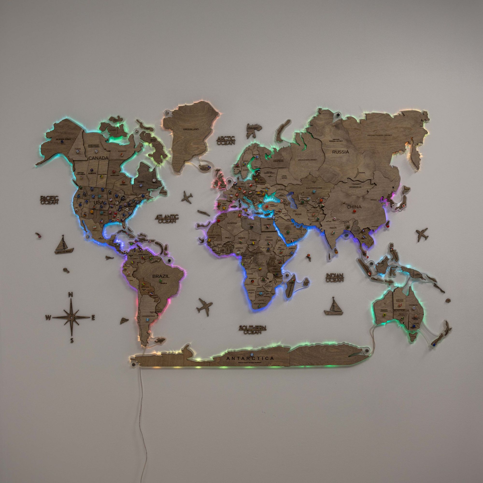 3D LED Wooden World Map 2.0 Terra Floating Wall Art Brown
