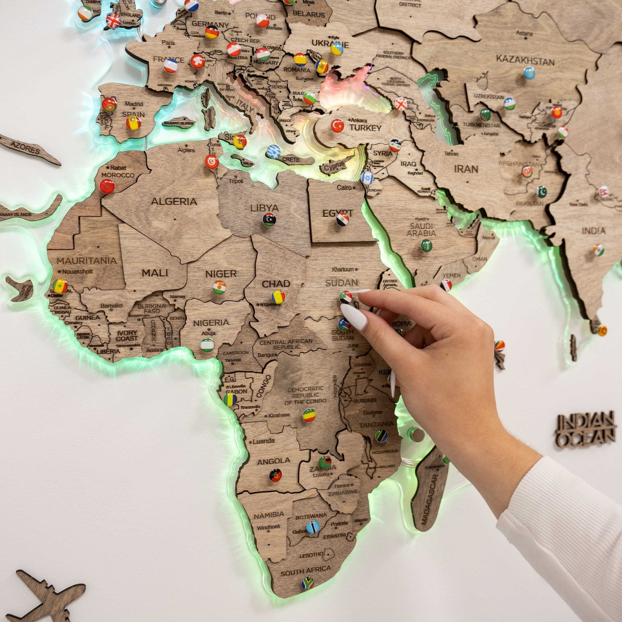 3D LED Wooden World Map 2.0 Terra Floating Wall Art Brown