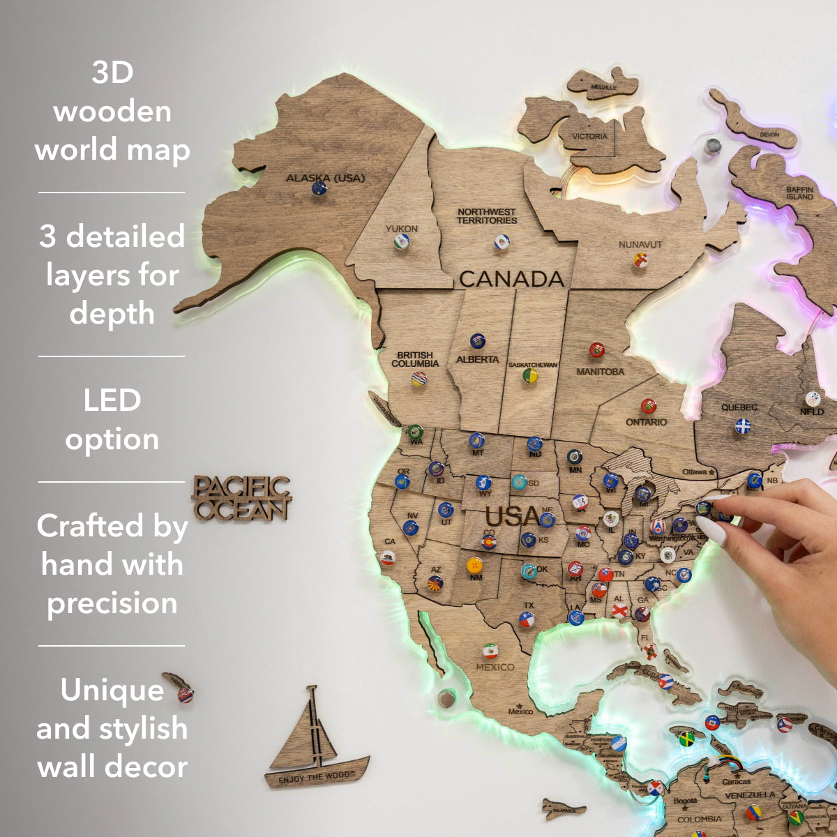 3D LED Wooden World Map 2.0 Terra Floating Wall Art Brown
