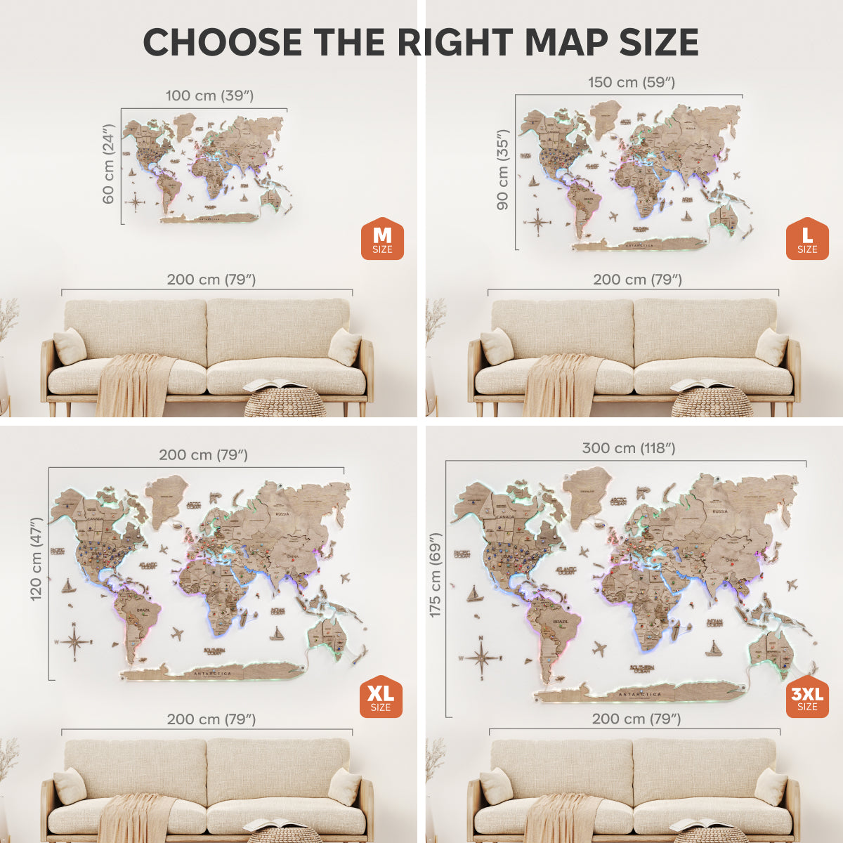 3D LED Wooden World Map 2.0 Terra Floating Wall Art Brown