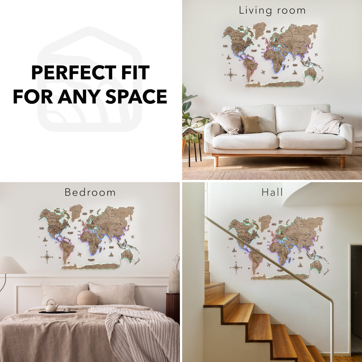 3D LED Wooden World Map 2.0 Terra Floating Wall Art Brown
