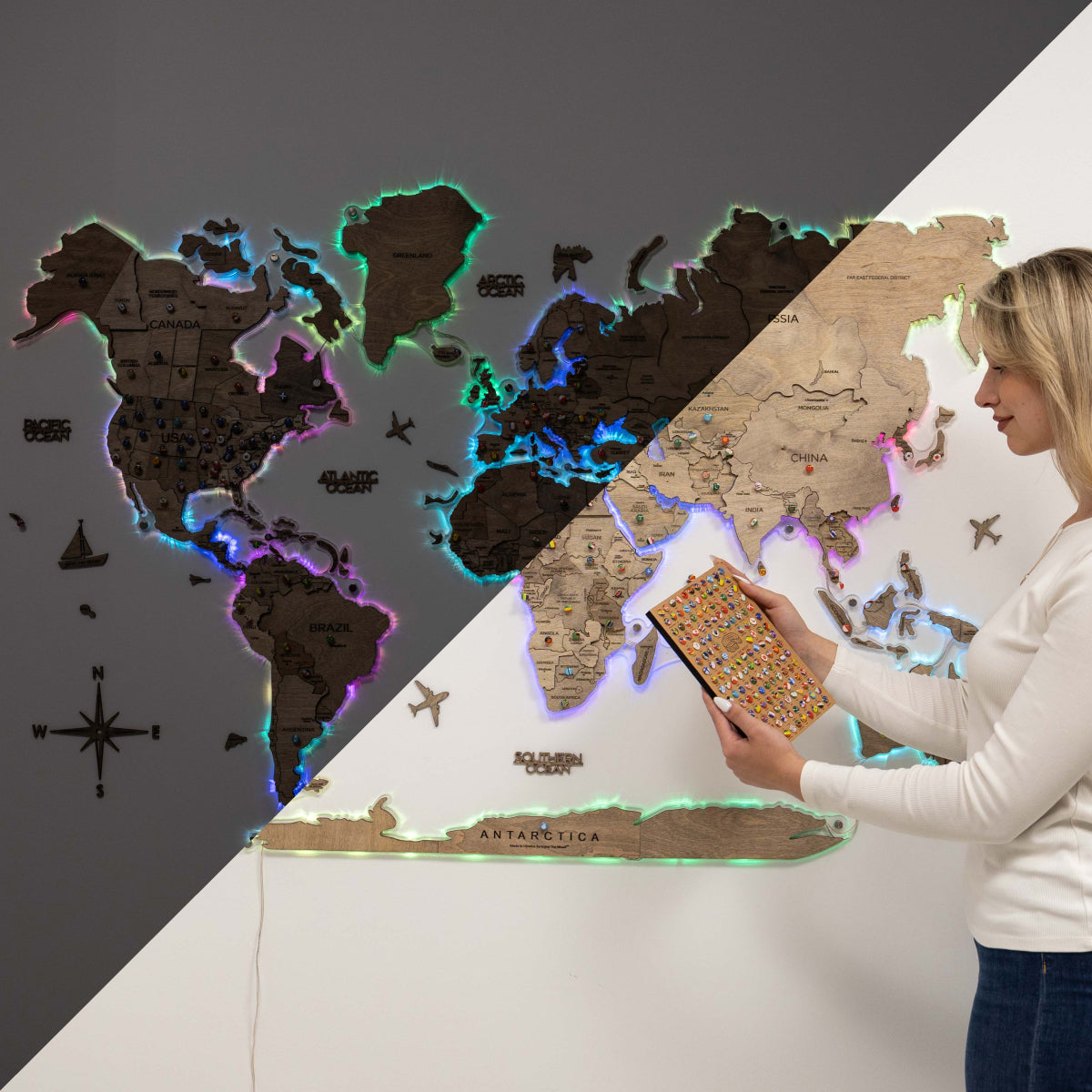 3D LED Wooden World Map 2.0 Terra Floating Wall Art Brown