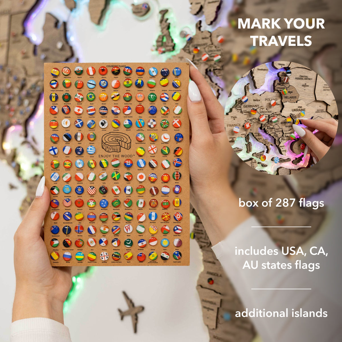 3D LED Wooden World Map 2.0 Terra Floating Wall Art Brown