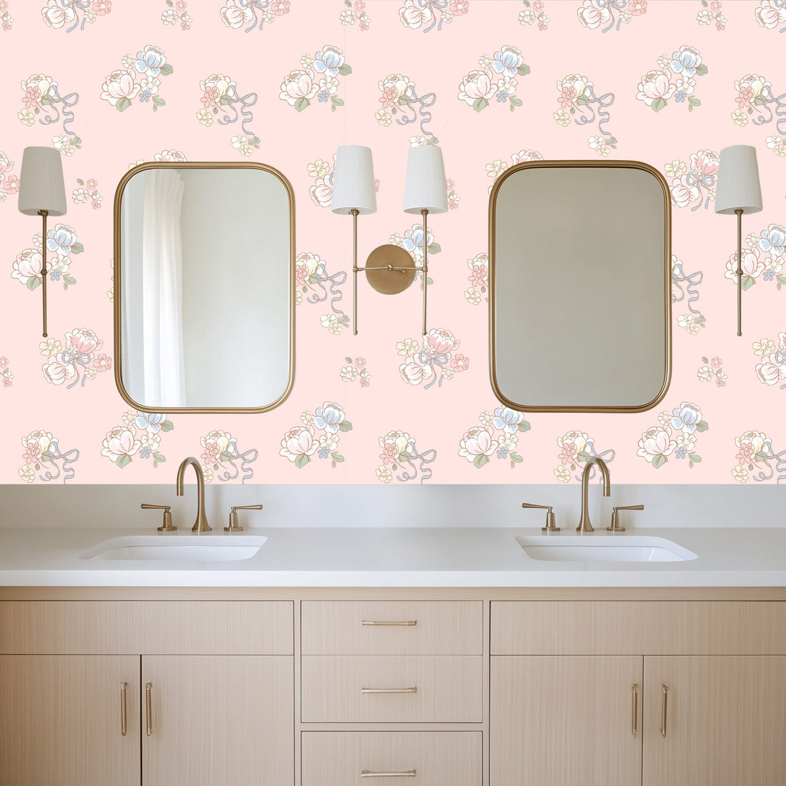 Romantic vintage-inspired floral wallpaper in pink, blue, and white