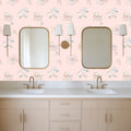 Romantic vintage-inspired floral wallpaper in pink, blue, and white