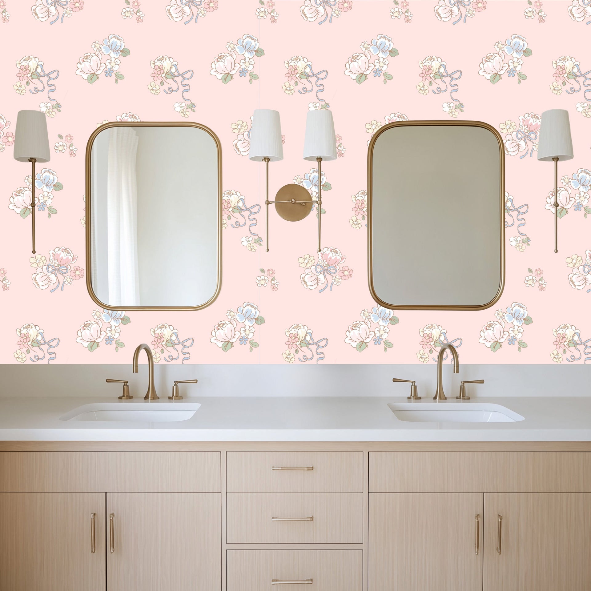 Romantic vintage-inspired floral wallpaper in pink, blue, and white