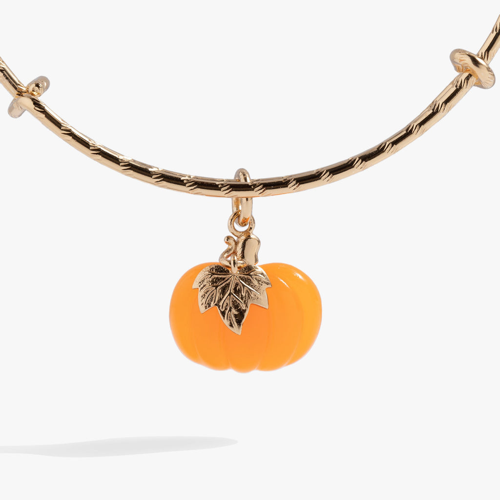 Gold Tone Pumpkin and Fall Leaf Charm Bangle Bracelet