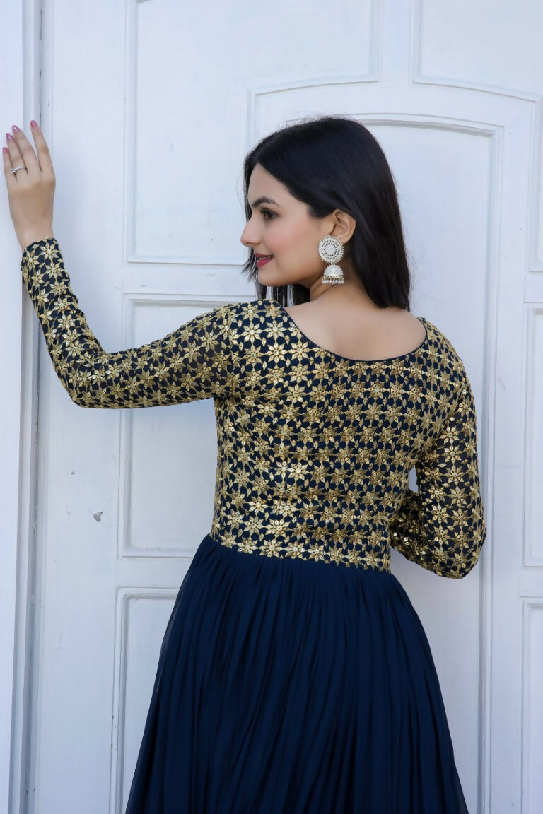 Navy Blue Sequence Zari Embroidered Faux Blooming Dress