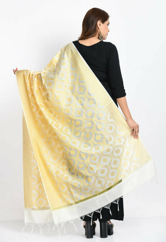 Women's Banarsi Silk All Over Woven Design Cream Dupatta