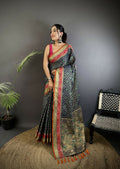 Navy blue soft silk saree with traditional Patola patterned weaving