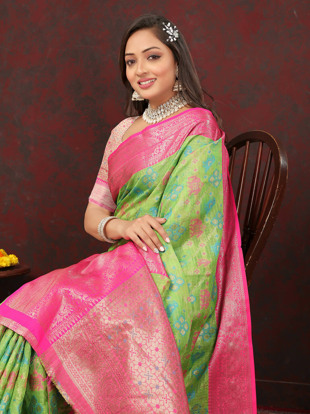 Green Cotton Saree with Zari Meenakari Weaving and Silk Blouse