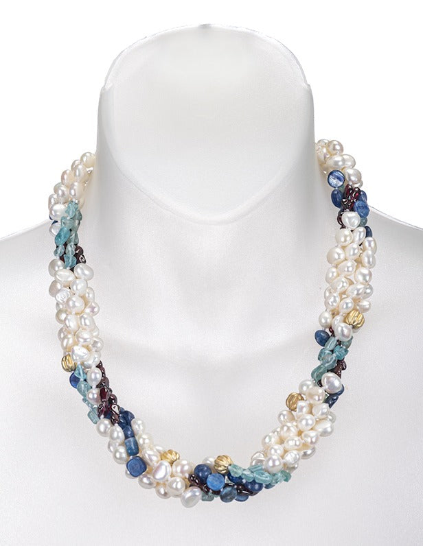 5 Strand Freshwater Pearl Necklace with Garnet and Kyanite - Image 3