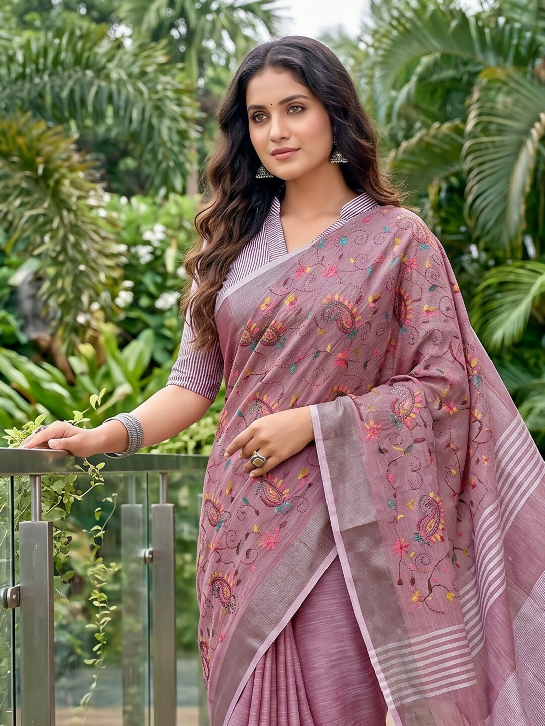 Purple Linen Saree with Matching Blouse Piece for Women