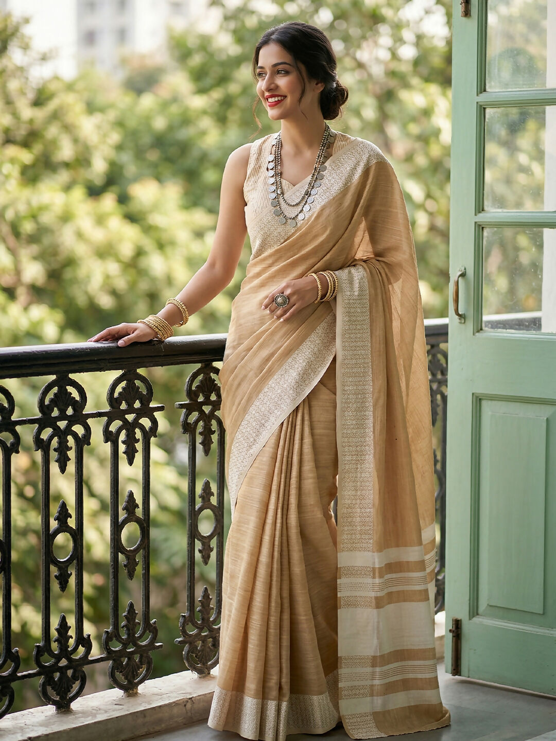 Vibrant Mustard Yellow linen saree displayed with matching blouse fabric.