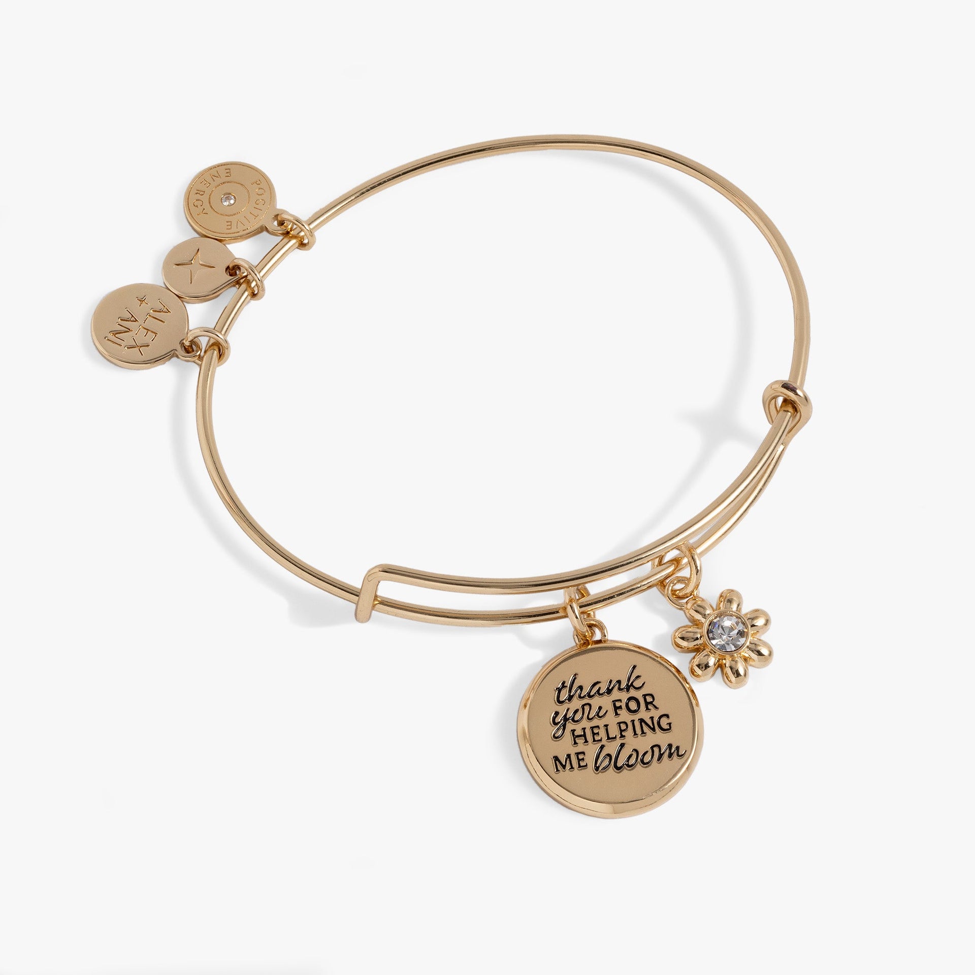 Alex And Ani Bloom charm bangle featuring a flower charm and faceted clear crystal