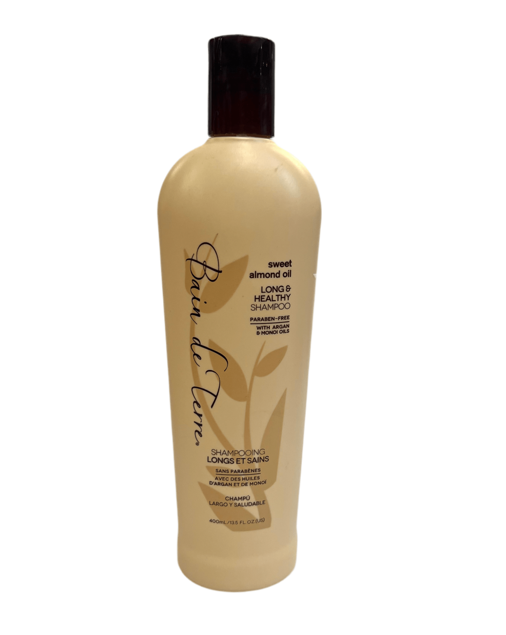 A beige bottle of Bain de Terre Sweet Almond Oil Long & Healthy Shampoo with brown branding text.