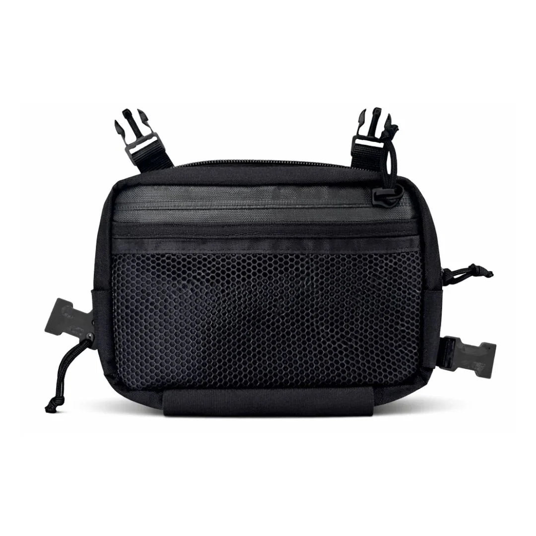 Black-Out Chest Rig worn by an active individual, highlighting the compact, lightweight EDC design.