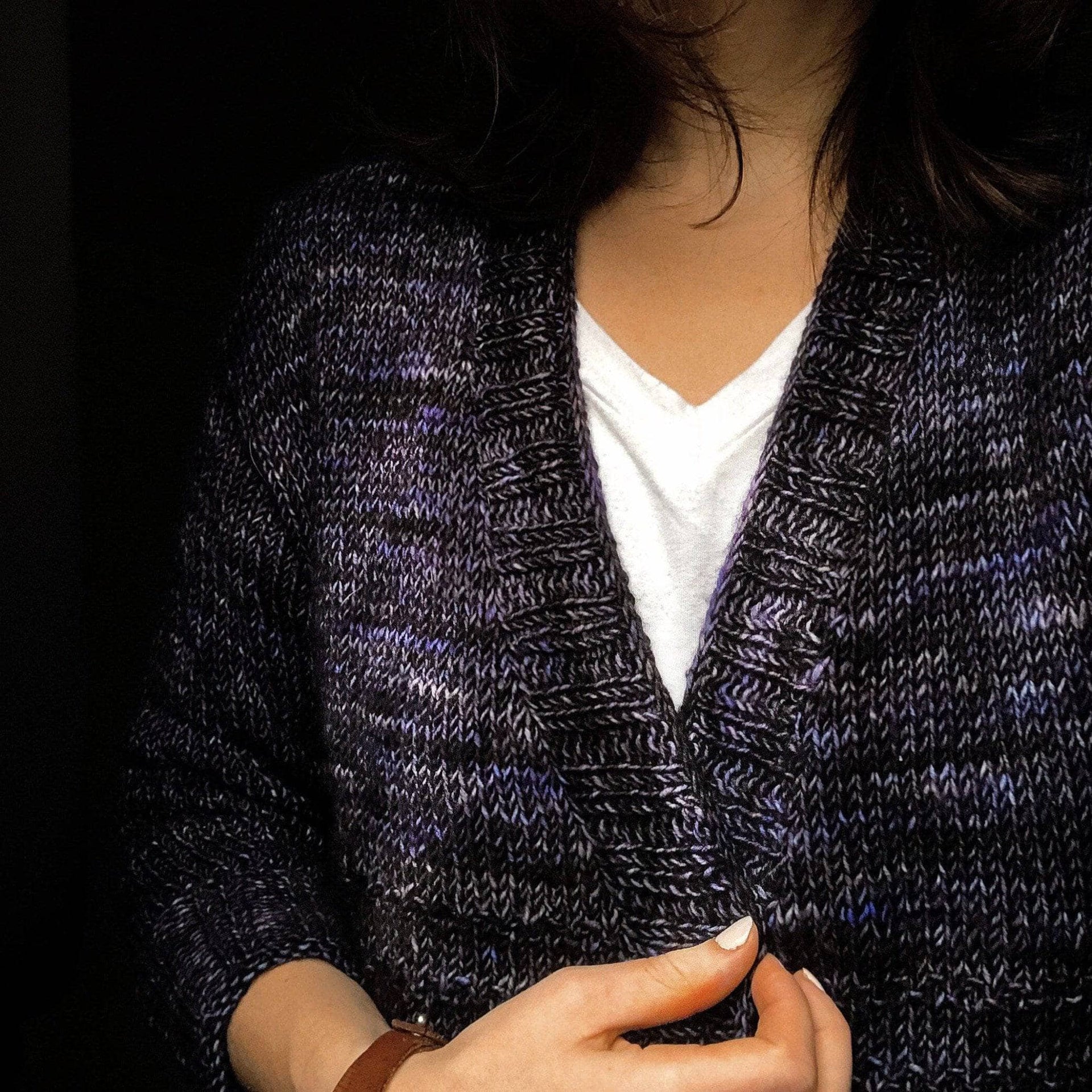 A finished loose-gauge cozy cardigan made from The Cozy Cardigan Knitting Pattern, styled for winter wear.