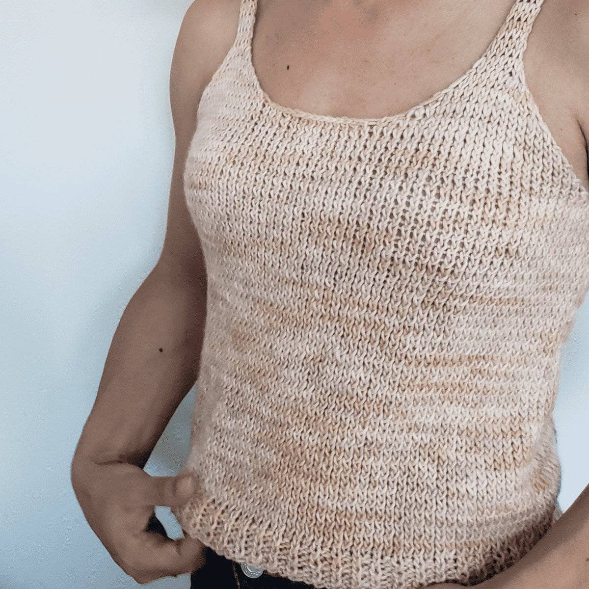 The Hampton Top knit tank pattern, a versatile low-back sleeveless top for year-round styling.