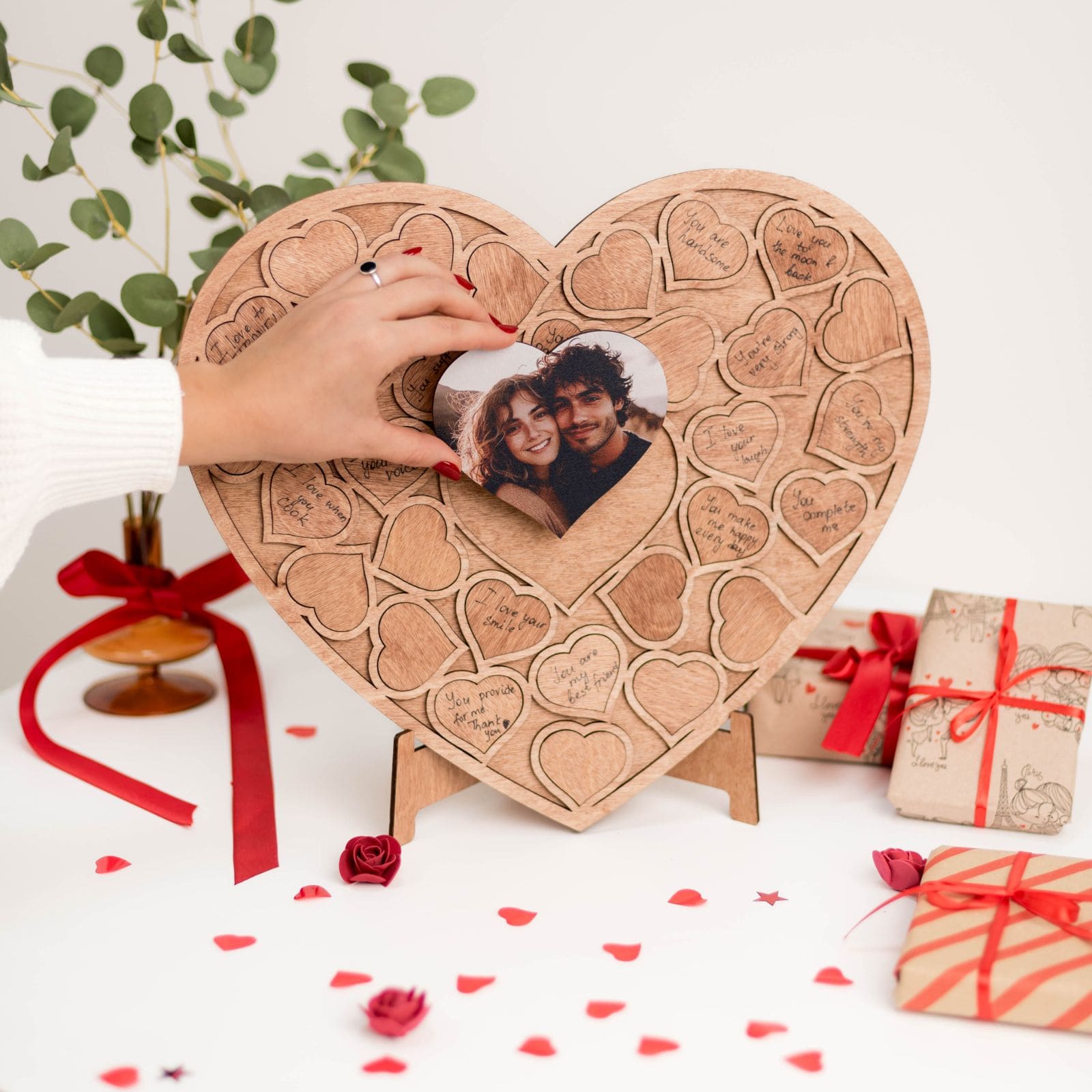 Custom heart-shaped photo puzzle with markers and display stand for romantic gift-giving
