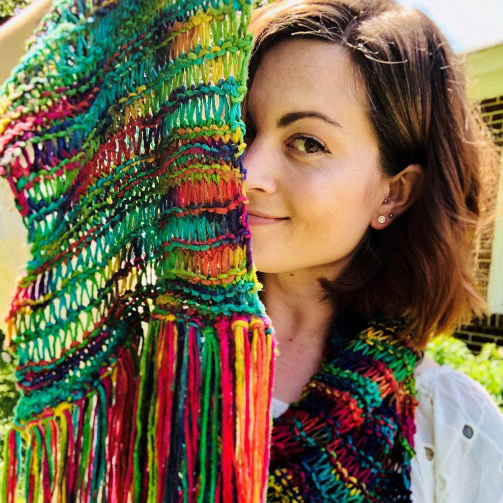 Colorful and highly textured Iris Scarf cowl, perfectly knitted and ready to wear.