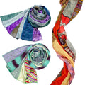 The Medley fair trade recycled silk scarf featuring vibrant multi-color abstract patterns