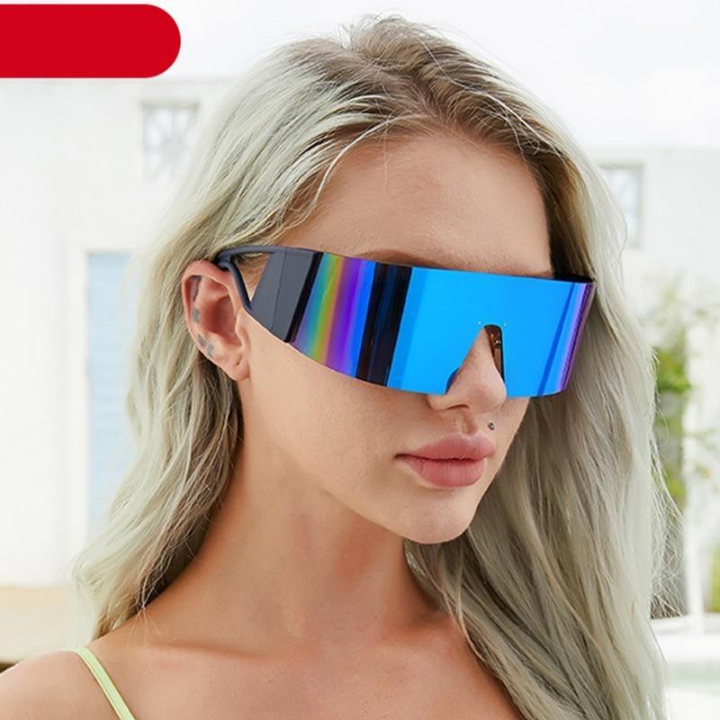 Blue rimless sports sunglasses with a rectangle shape for cycling and outdoor sports.