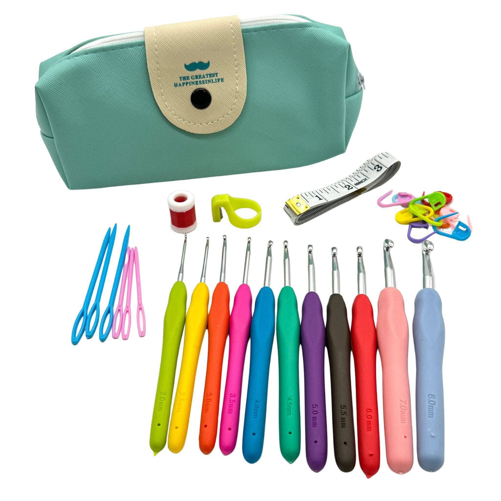 11-piece ergonomic crochet hook set with colorful TPR comfort grips and silver aluminum tips