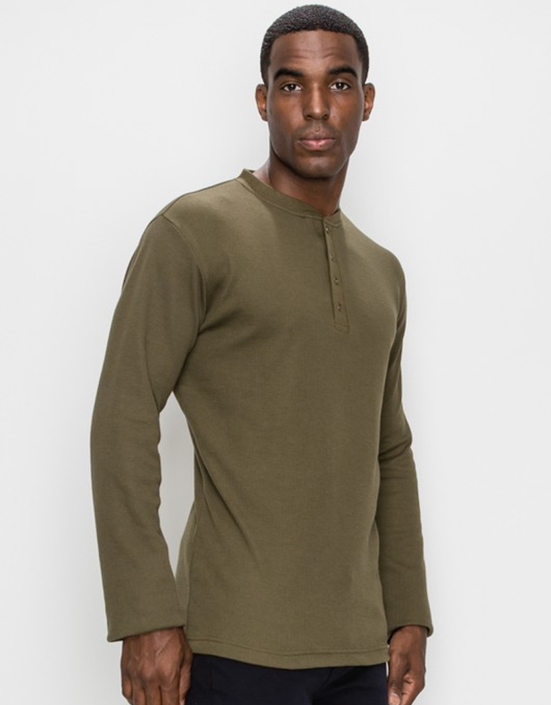 Olive thermal long sleeve Henley top with button placket