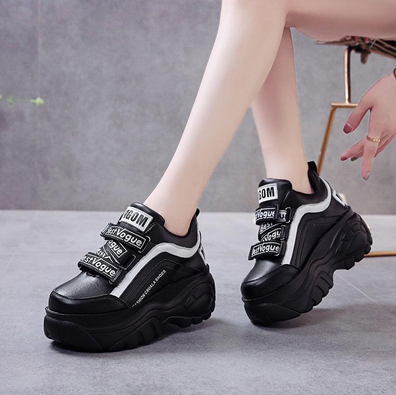 Chunky Platform Women's Sneakers - White & Black Casual High Heels