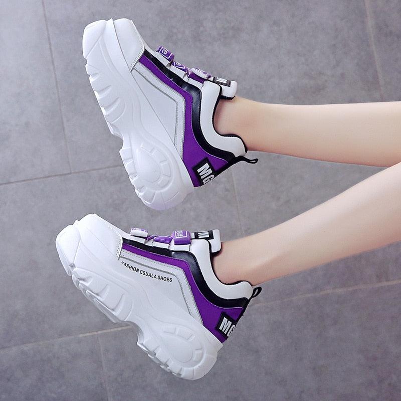 Chunky Platform Women's Sneakers - White & Black Casual High Heels