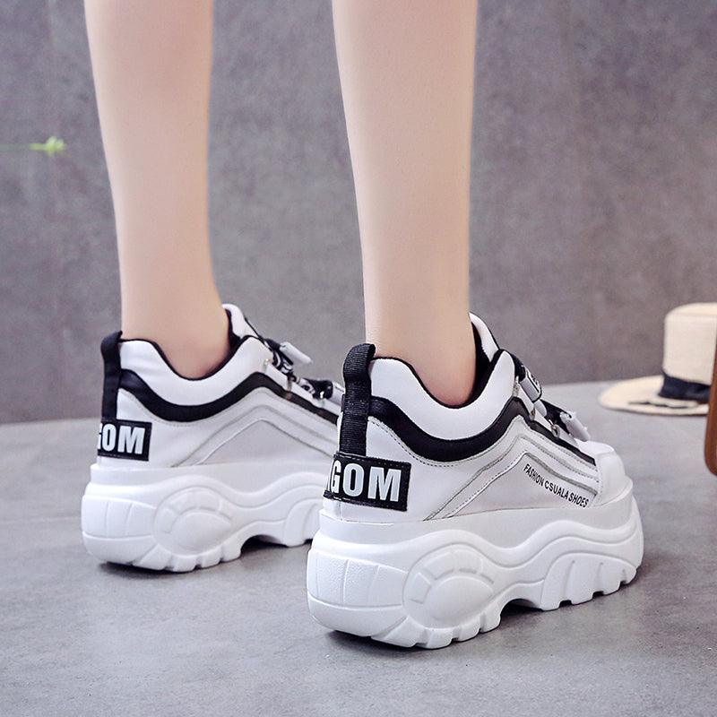 Chunky Platform Women's Sneakers - White & Black Casual High Heels
