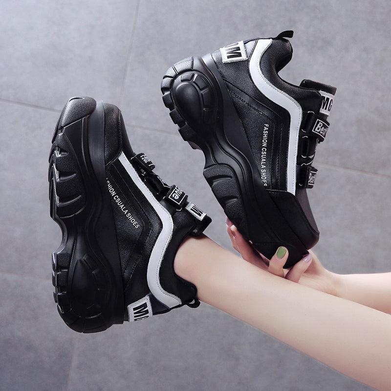 Chunky Platform Women's Sneakers - White & Black Casual High Heels