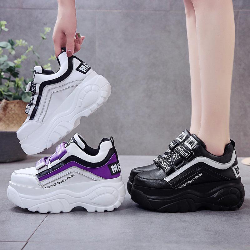 Chunky Platform Women's Sneakers - White & Black Casual High Heels