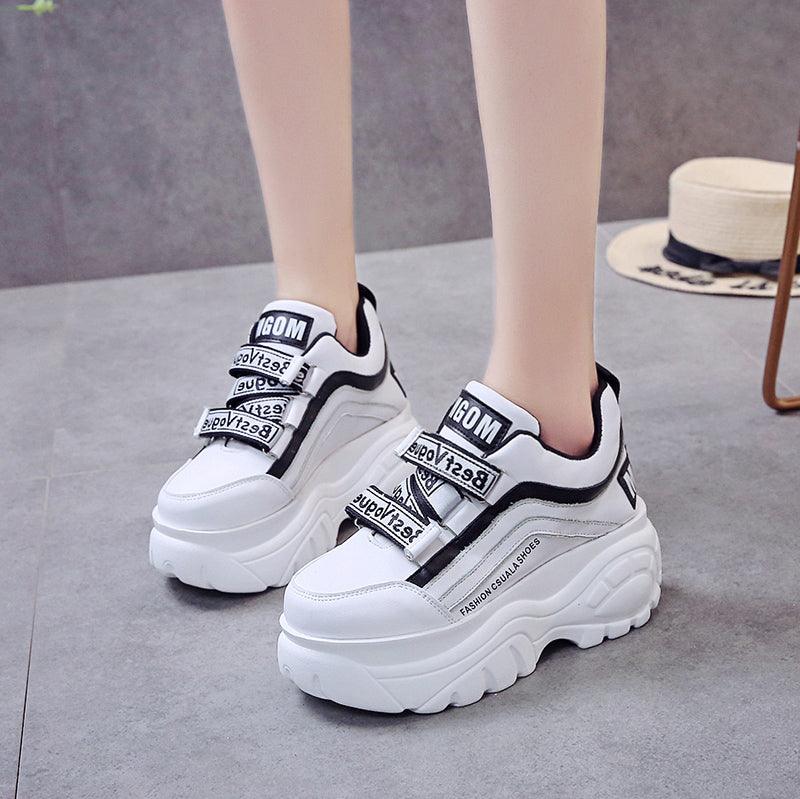 Chunky Platform Women's Sneakers - White & Black Casual High Heels