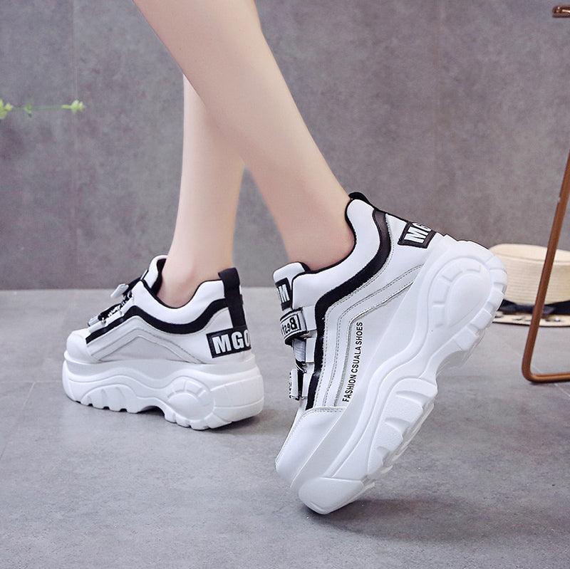 Chunky Platform Women's Sneakers - White & Black Casual High Heels