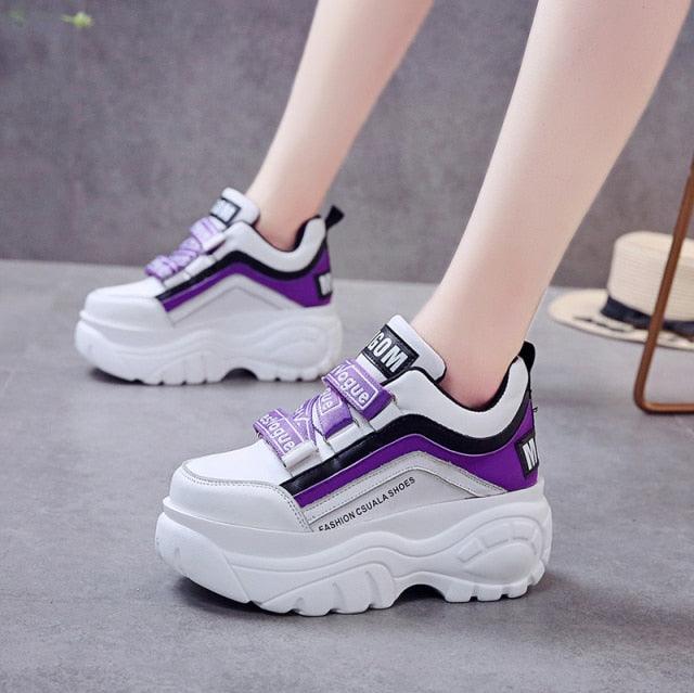 Chunky Platform Women's Sneakers - White & Black Casual High Heels