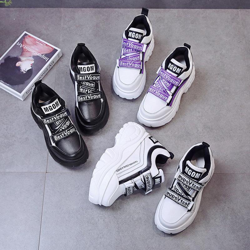 Chunky Platform Women's Sneakers - White & Black Casual High Heels
