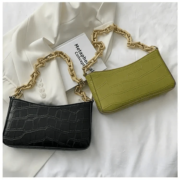 Vintage Stone Pattern Shoulder Bag with Thick Chain French Style