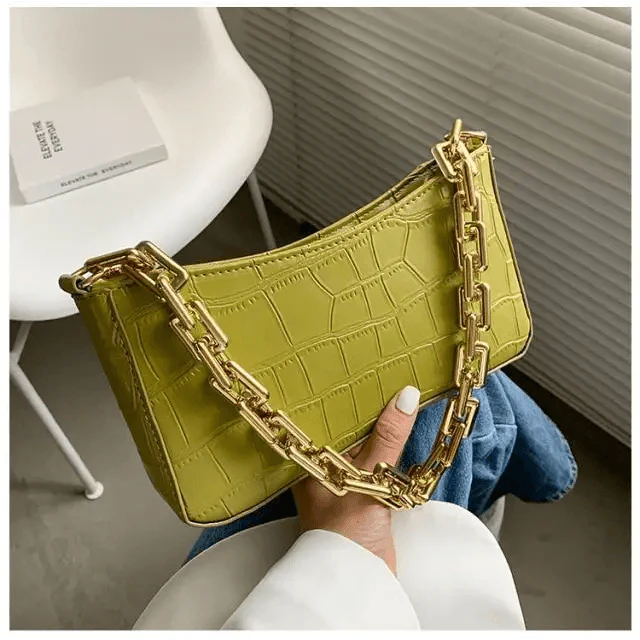 Vintage Stone Pattern Shoulder Bag with Thick Chain French Style